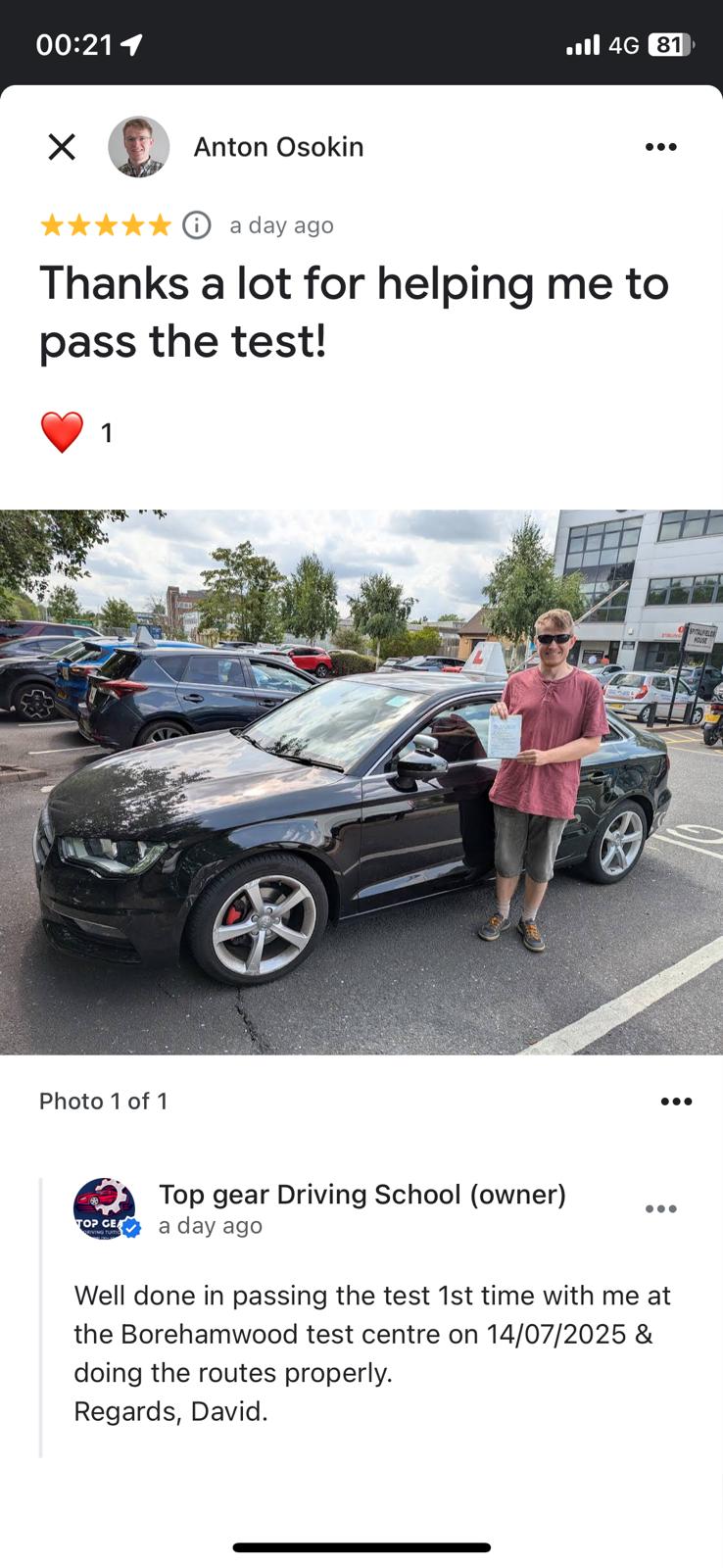 Student 10 celebrating passing their driving test with Top Gear Driving School